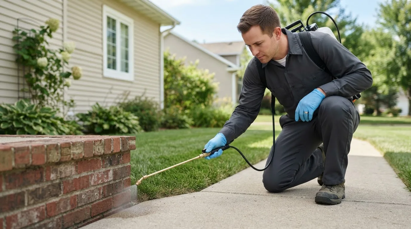 Pest control technician treating a home near Woodbury, PA